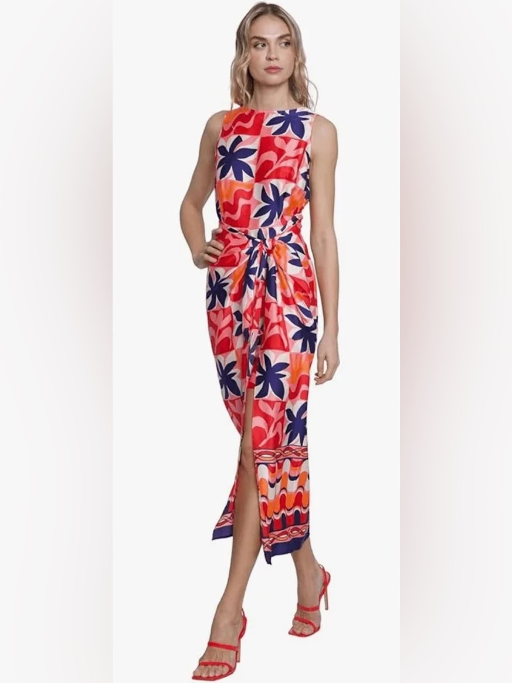 Donna Morgan Midi Faux Wrap Abstract Floral Midi Dress High Neck